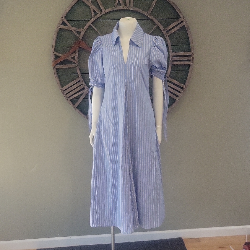 English Factory Godet Blue and White Striped Midi Dress In Powder Blue